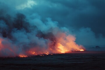 Fototapeta premium Wildfire burning dry grass in a field, creating large smoke plumes under a dark sky