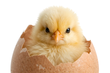 Fluffy yellow chick emerging from cracked eggshell isolated on a transparent background 1