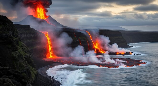 Volcanic Eruption with Molten Lava Flowing into the Ocean.