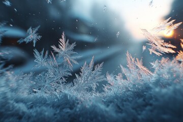 Delicate ice crystals creating beautiful frosty patterns on a windowpane at sunrise