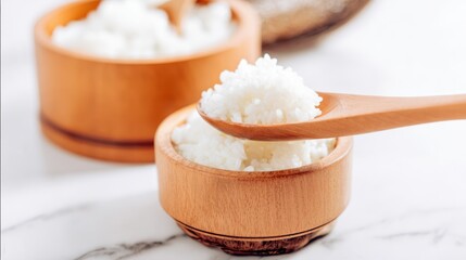 A wooden spoon is gently placed in a bowl filled with white rice, while a second bowl of rice is visible in the background, creating a simple, serene scene.
