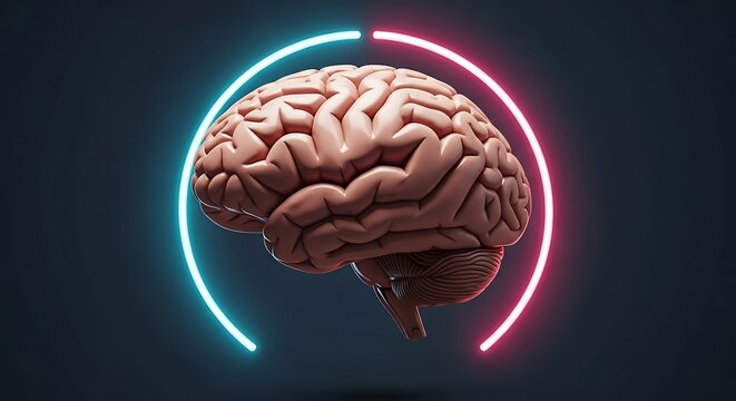 Human Brain Illuminated by a Glowing Blue and Pink Neon Circle.