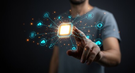 Man interacting with futuristic digital network and technology interface