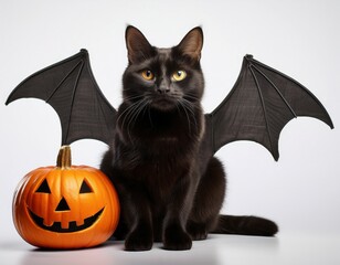 black cat with bat wing sitting with carved pumpkin; white background