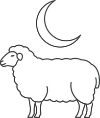 A simple line drawing of a sheep standing under a crescent moon.