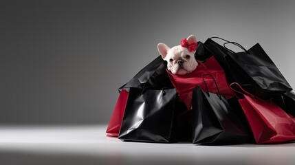 A cute French bulldog with a red bow peeks out from a pile of red and black shopping bags against a neutral background. The playful scene combines charm, humor, and consumerism in a commercial concept