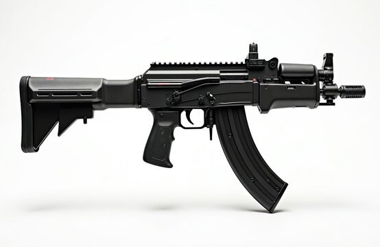 Black MP5 rail system assault rifle isolated on white background. Modern firearm with scope and magazine. Military weapon for law enforcement or special forces.
