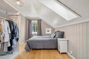 Modern luxury bedroom interior in minimal scandinavian style, 3d render