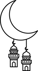Naklejka premium Line art illustration of a crescent moon with two hanging minarets, symbolizing Islamic culture and celebrations like Ramadan or Eid.