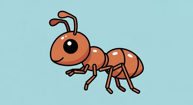 Cute cartoon ant illustration on a light blue background.