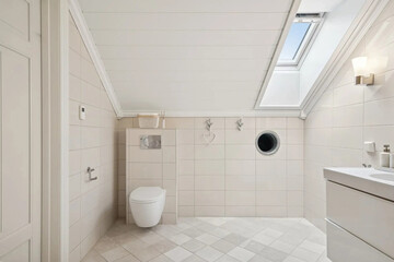 Modern bathroom interior in minimal scandinavian style, 3d render