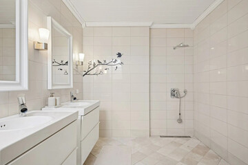 Modern bathroom interior in minimal scandinavian style, 3d render