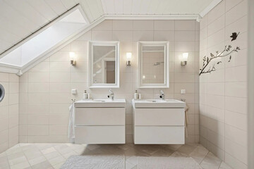 Modern bathroom interior in minimal scandinavian style, 3d render