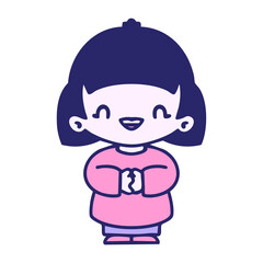 happy japanese woman laughing out loud in bright neon color