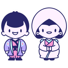 Happy Japanese couple getting married in bright neon color