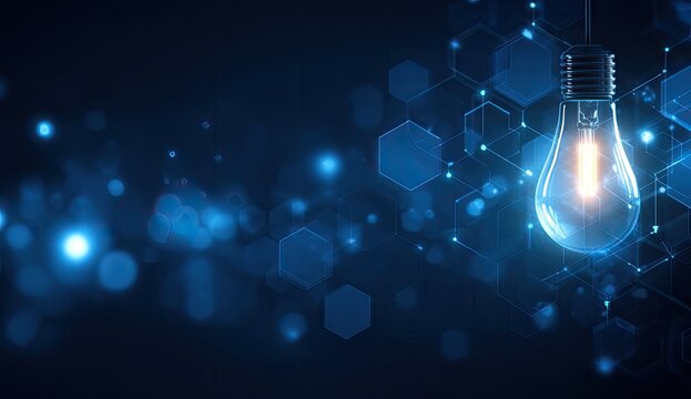 Glowing lightbulb symbolizes innovation, floating with data network on a dark blue background