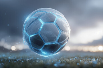 Glowing glass soccer ball floats above grass field during sunset
