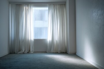 Fototapeta premium A minimalist interior view showcasing a window framed by sheer white curtains. Sunlight streams in