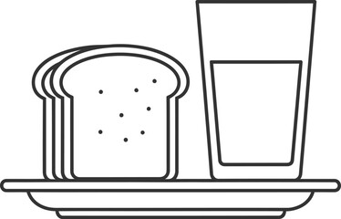 Black and white outline drawing of two slices of bread and a glass of liquid on a plate, depicting a simple meal.