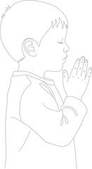 A simple line drawing of a young boy from the side, with his hands together in a prayer pose and eyes closed.