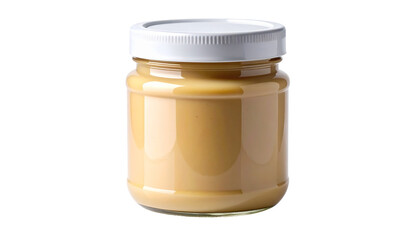 Creamy beige spread in clear glass jar with white lid Png