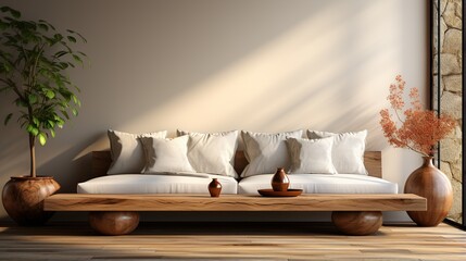 Serene Minimalist Living Room Interior Featuring Natural Wood Furniture and Soft Light