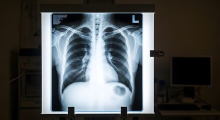 A chest x ray illuminated on a light box in a dimly lit room with medical equipment visible nearby