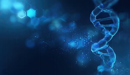 Abstract illustration of a DNA double helix, highlighted with glowing blue polygons and bokeh