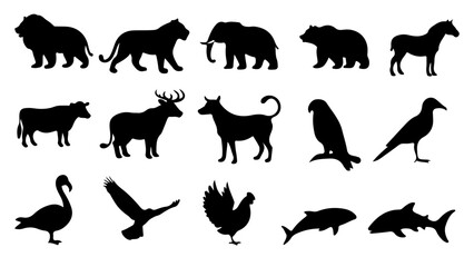 Fototapeta premium Animal Silhouette Vector Sheet,Wild, Marine,Birds & Farm Animals,Minimalist Icon Grid