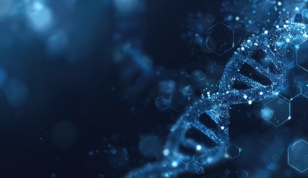 Illuminated, abstract DNA double helix against a dark blue background, with hexagonal structures