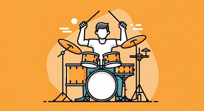 Man Playing Drum Set with Drumsticks on Orange Background.