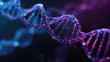 A close-up, glowing abstract depiction of a double helix against a blurred, dark backdrop