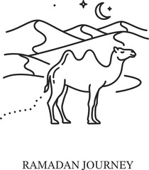 Minimalist illustration of a camel in a desert landscape under a crescent moon.