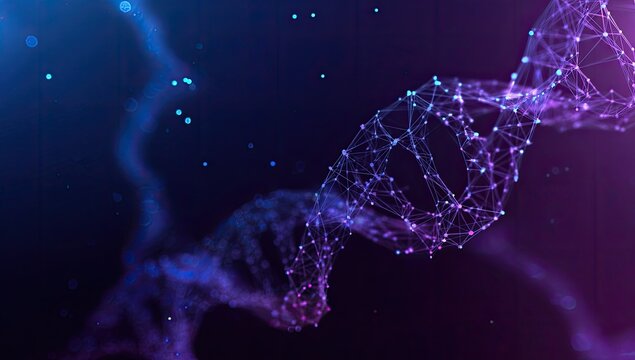 Abstract representation of a glowing DNA double helix, with a vibrant, dark gradient background