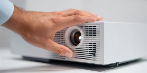 Hand adjusting digital projector lens during business presentation