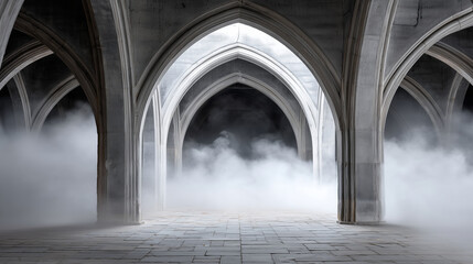 Halloween background with ghostly mist flowing through gothic arches