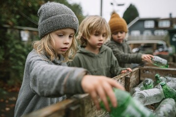 Young children sorting plastic bottles for environmental sustainability