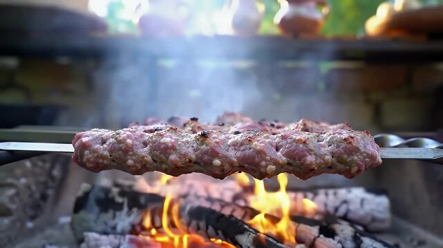 Grilling Delicious Minced Meat Lula Kebab on Skewers Over Hot Coals.