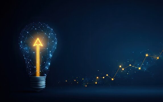 Digital illustration showing an upward trending graph and a lightbulb with an arrow