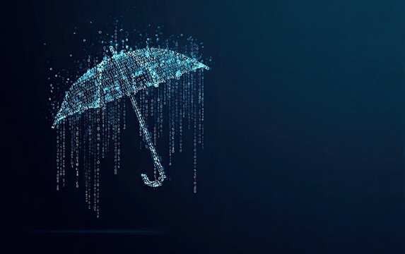 Digital illustration of an umbrella formed from binary code over a dark blue background