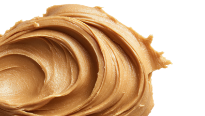 Close-up swirl of smooth, creamy, light-brown food product against a transparent black background