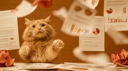 A fluffy ginger cat sits at a desk surrounded by scattered charts and papers, creating a humorous concept of workplace burnout. The playful expression and chaotic background highlight stress, office 