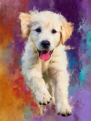 A brown and white dog runs energetically through a vivid painting, surrounded by a swirl of colors and artistic brush strokes, conveying a sense of joy and freedom.