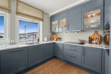 Modern luxury kitchen interior in minimal scandinavian style, 3d render
