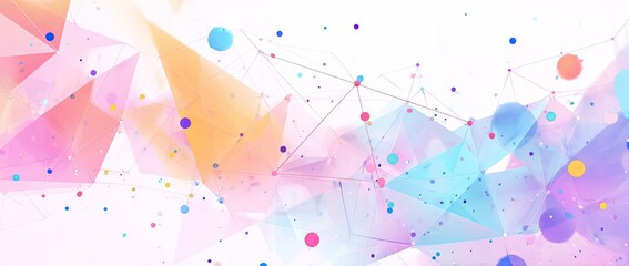 Abstract image of geometric shapes, spheres, and connecting lines in pastel color tones on white