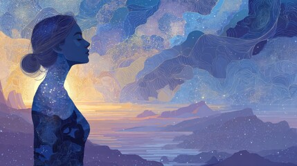 Consciousness Expansion Map: Profile silhouette filled with cosmic neural pathways and peaceful scenery layers  
