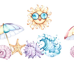 Seamless pattern background wallpaper of summer beach vibes featuring sun, seashells, waves, and umbrellas for joyful holiday arrangements