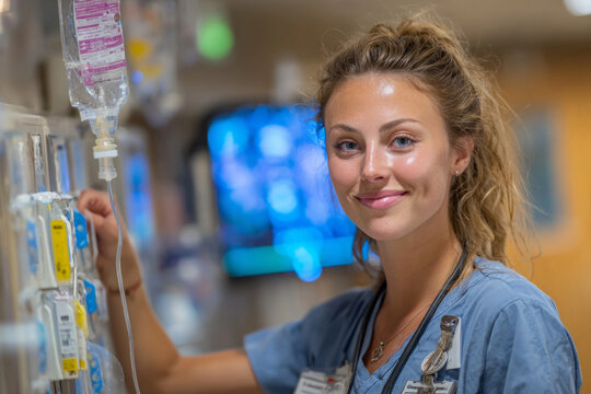 Young nurse providing patient care in hospital setting, checking iv fluids