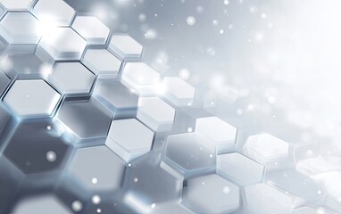 Abstract digital background with glowing, three-dimensional hexagonal shapes and floating particles