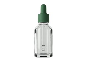 Clear glass dropper bottle with green cap isolated, essential oil container for aromatherapy and skincare on transparent background